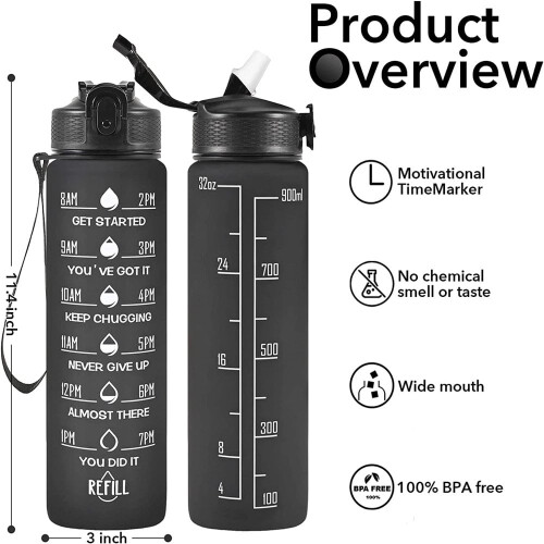AMERTEER Μπουκάλι νερού 32oz με δείκτες χρόνου, καλαμάκι και σχεδιασμό στεγανότητας - 1