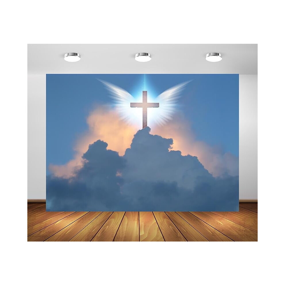 7X5ft Heaven Cross Backdrop With Angel Wings, Glowing & Clouds | Compatible With Jesus Religious Decor For Easter, Church, Baby Photos Light 9389440408012