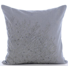 Fețe de pernă gri cu mărgele, model arbust de grădină, 24x24 inci, pătrate din bumbac și in, design floral argintiu, 60x60 cm