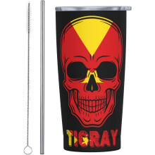 Cană din oțel inoxidabil cu craniu amuzant, steagul Puerto Rican, 20 oz, compatibilă cu suportul de pahar pentru mașină, 600 ml cu pai