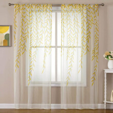 Light Yellow Willow Leaf Print Sheer Curtains, 1 Set of 2 Panels (3.3x6.9ft), for Bedroom Window or Room Door