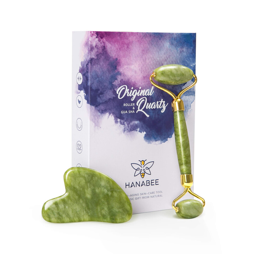 Authentic Jade Roller and Gua Sha Set for Face and Neck Massage, Depuffing and Skincare