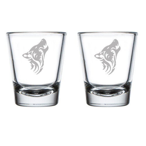 Set van 2 borrelglaasjes (50 ml) met tribale wolf.
