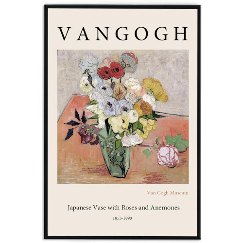 Πίνακας σε καμβά Van Gogh - Ιαπωνικό βάζο με τριαντάφυλλα και ανεμώνες, 16"x24", Μαύρο