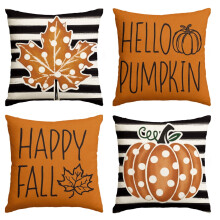Ensemble de 4 housses de coussin décoratives d'automne 45 x 45 cm (18 x 18 pouces) avec motifs citrouille, feuille d'érable, « Hello Pumpkin » et