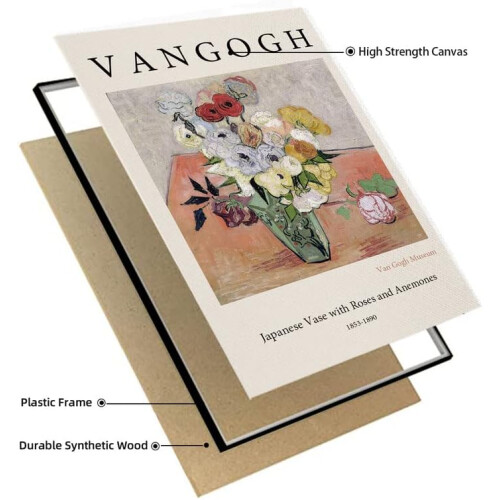 Πίνακας σε καμβά Van Gogh - Ιαπωνικό βάζο με τριαντάφυλλα και ανεμώνες, 16"x24", Μαύρο 1