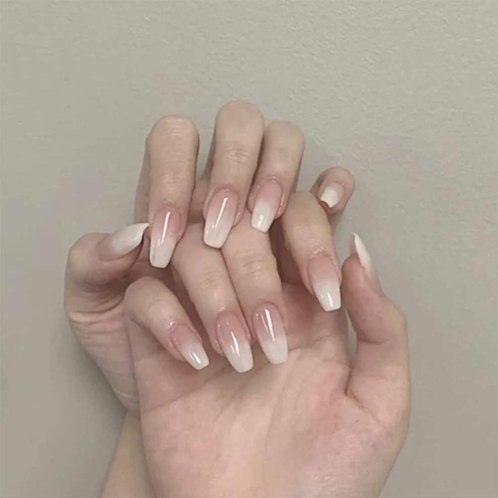 French Ombre False Nails Set Glossy Gradient Medium Coffin Ballerina Press On Nails with Glue Tabs