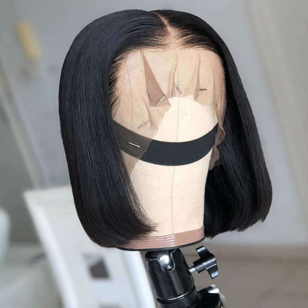 Unisex 360 Lace Front Wig Brazilian Human Hair Pre Plucked Baby Hair Fake Scalp Silky Straight 14 Inch