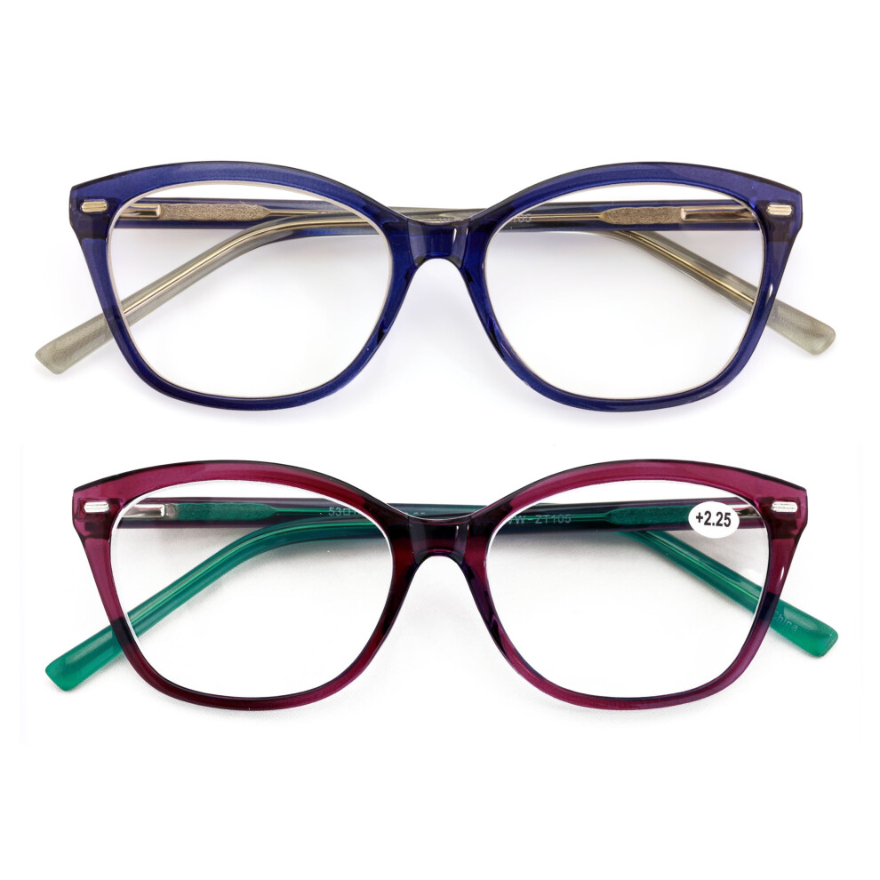 2 Pairs Women Optical Frame Translucent Fashion Reading Glasses - Clear Lens Reader ZT105 +2.00