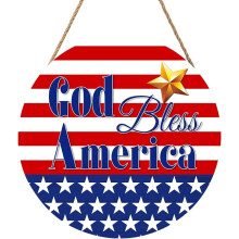 4. juli patriotisk dørskilt, Gud velsigne Amerika træ rundt skilt 12"x12", kompatibel med hoveddør og vægdekoration