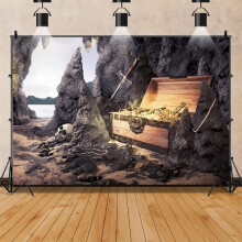 Sfondo Renaiss con forziere del tesoro 7x5 piedi, compatibile con decorazioni per feste a tema pirati, accessori per photo booth per bambini e