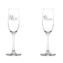 Set of 2 Glass Champagne Flutes Sparkling Wine Glasses Mr Mrs Bows Bride And Groom Wedding Toasting Anniversary Engagement (8 oz Stemmed)