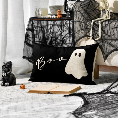 (Pacote com 2) Sm: )e Capa de Almofada Decorativa de Halloween com Fantasma Boo 12x20 Polegadas para Exterior 2