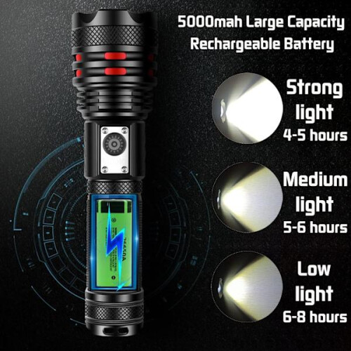 Τακτικός φακός LED, 20000 lumens P70 υψηλής ισχύος, επαναφορτιζόμενη μέσω USB, 2