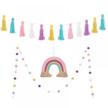 Zestaw 3 girland z frędzlami w stylu boho, pastelowe, bawełniane, kolorowe dekoracje ścienne na przyjęcie urodzinowe, do sypialni, pokoju