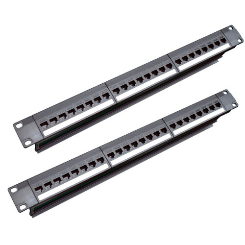 2X 19Inch 1U Cabinet Rack Pass-Through 24 Port CAT6 Patch Panel RJ45 Cable Adapter Jack Modular Frame