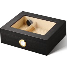 Cigar Humidor for 20-30 Cigars, Cedar Wood with Hygrometer & Humidifier, Glass Top, Retro Design, Black Gift for Men