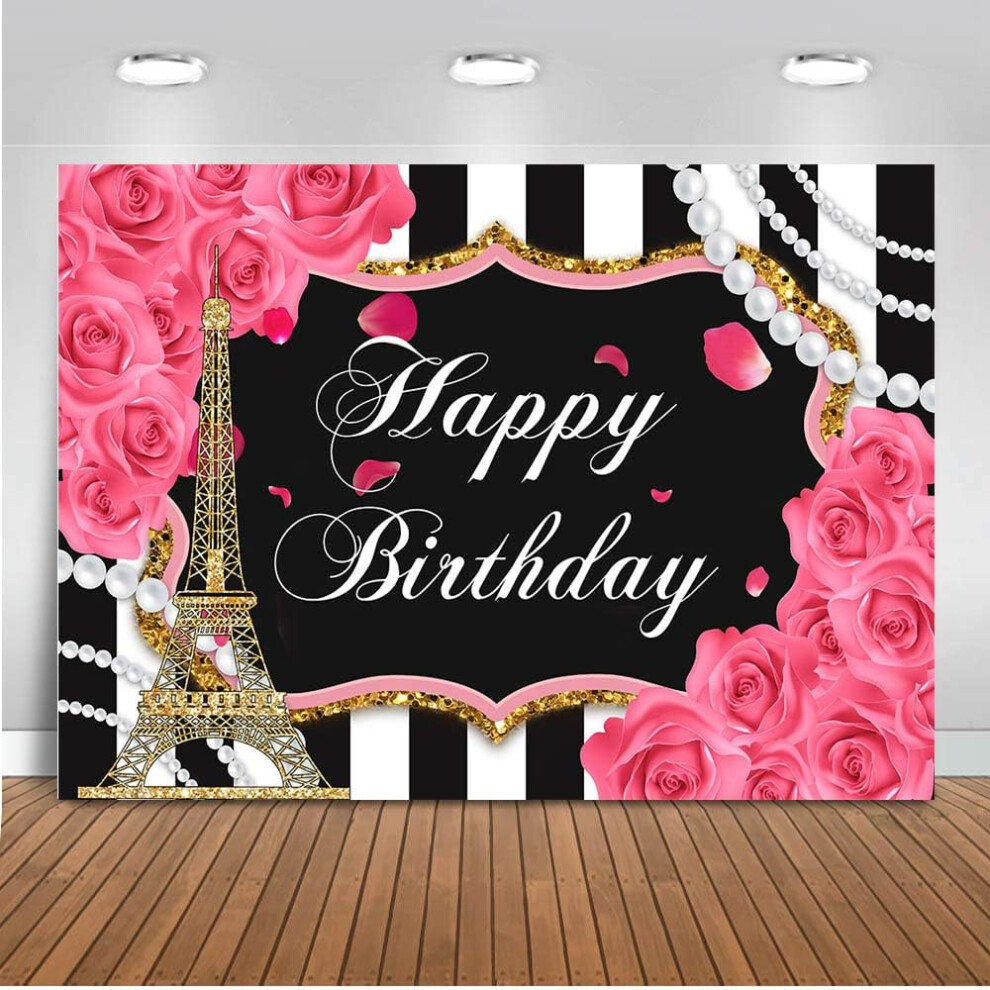 Paris Birthday Backdrop 7X5ft Stripe Rose Effel Tower Happy Birthday Photo Booth Backdrops Black/White/Pink 9322103724791