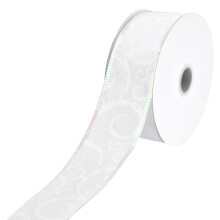 Homeford Weihnachts-Satinband mit irisierendem Glitzerwirbelmuster, 3,8 cm breit, 9,14 m lang, Weiß