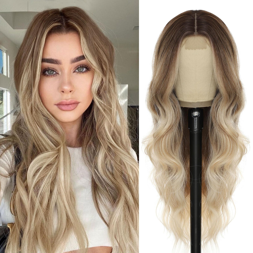 Unisex Brown 26 Inch Long Wavy To Blonde Wig With Natural Hairline, Heat Resistant Synthetic Fiber