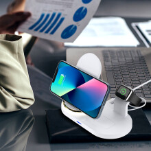Trådløs oplader til bil, 4-i-1 foldbar oplader med LED, 15W hurtigopladning til iOS-telefon, ur, headset