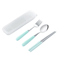 Roestvrijstalen eetstokjes, lepel, vork, bestekset met keramische handvatten, draagbaar servies met etui voor op reis, thuis of op de camping (blauw)