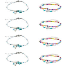 12 Pcs Beach Anklets 3 Styles, Turtle Starfish Beaded Handmade Boho Foot Chain, Ocean Theme Surfer Wave Bracelet for Women