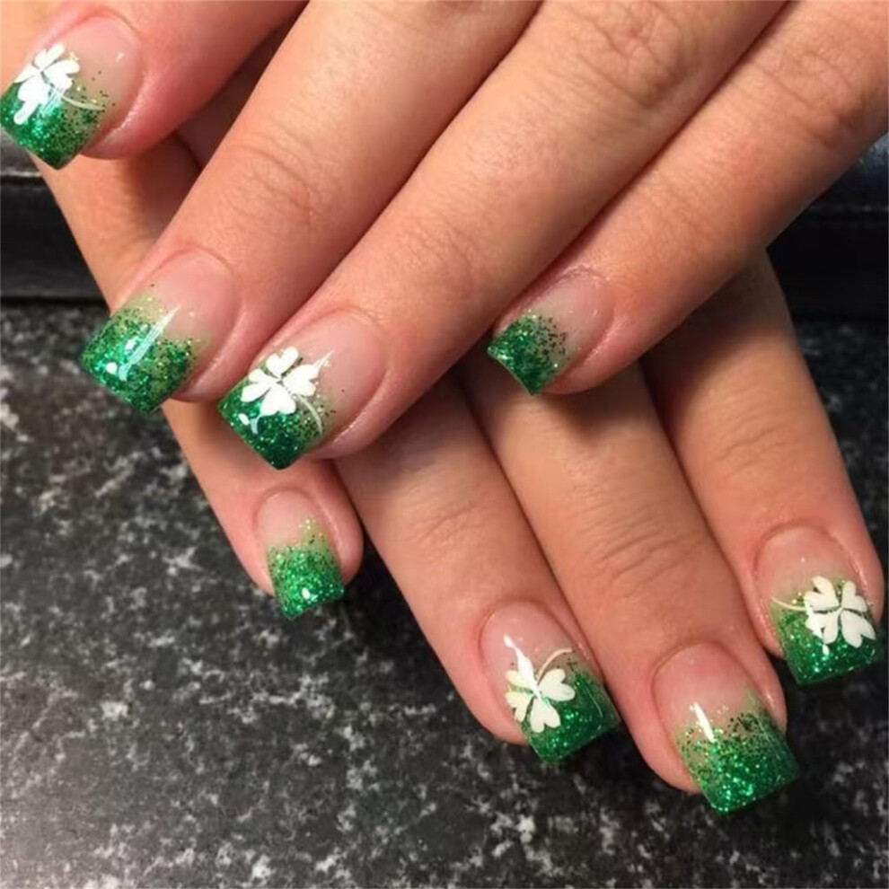 Green Press On Nails French Tip Short Square Fake Nails Reusable Full Coverage 24Pc Festival Style