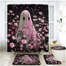 Ghost Floral 4 darabos zuhanyfüggöny szett szőnyegekkel és WC-takaróval - Halloween ijesztő lila százszorszép mintával