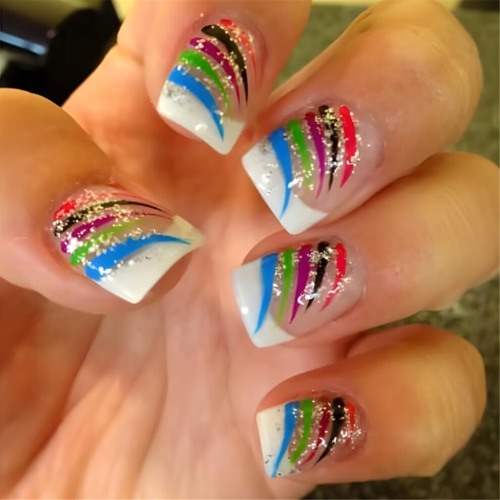 24pcs Press On Nails Set Square Fake Nails for Women Glitter French Tips Instant Manicure Kit
