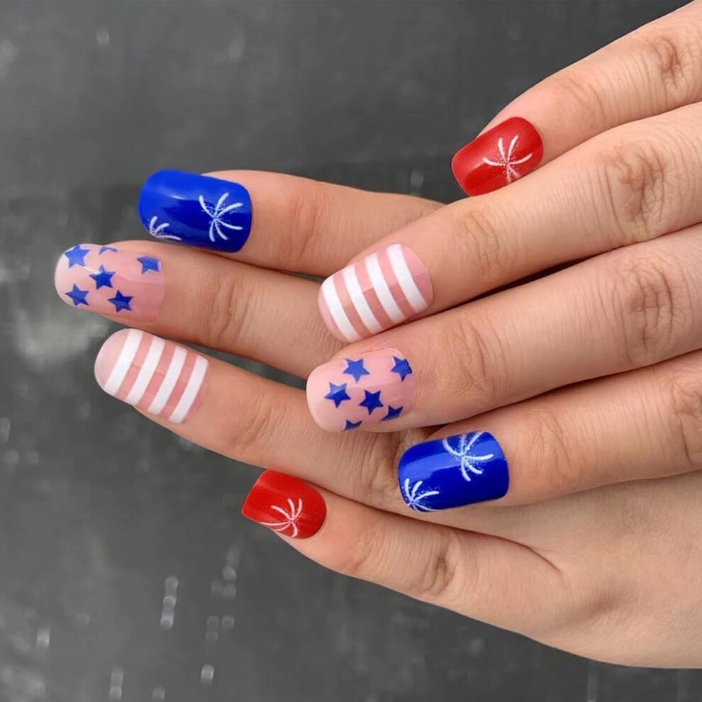 Independence Day Press On Nails 24pcs Short Square False Nails with Festive Star Design
