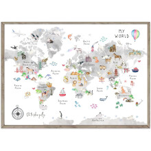 Szara mapa świata dla dzieci, płótno z mapą zwierząt, plakat edukacyjny pasujący do wystroju pokoju dziecięcego i zabaw, 16 x 24 cale, bez