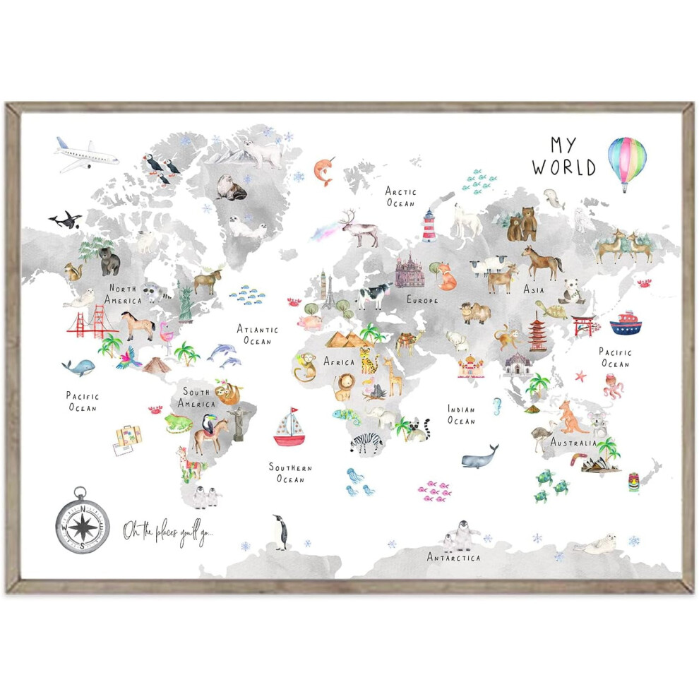 Kids World Map Wall Art, Animal Map Canvas, Educational Poster Compatible With Nursery & Playroom Decor, 16X24 Inch Unframed Grey