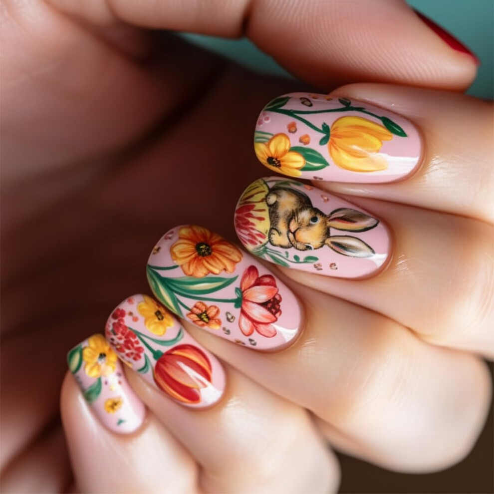 24pcs Short Square Press On Nails with Floral and Rabbit Design, SalonStyle Spring Fake Nail Set