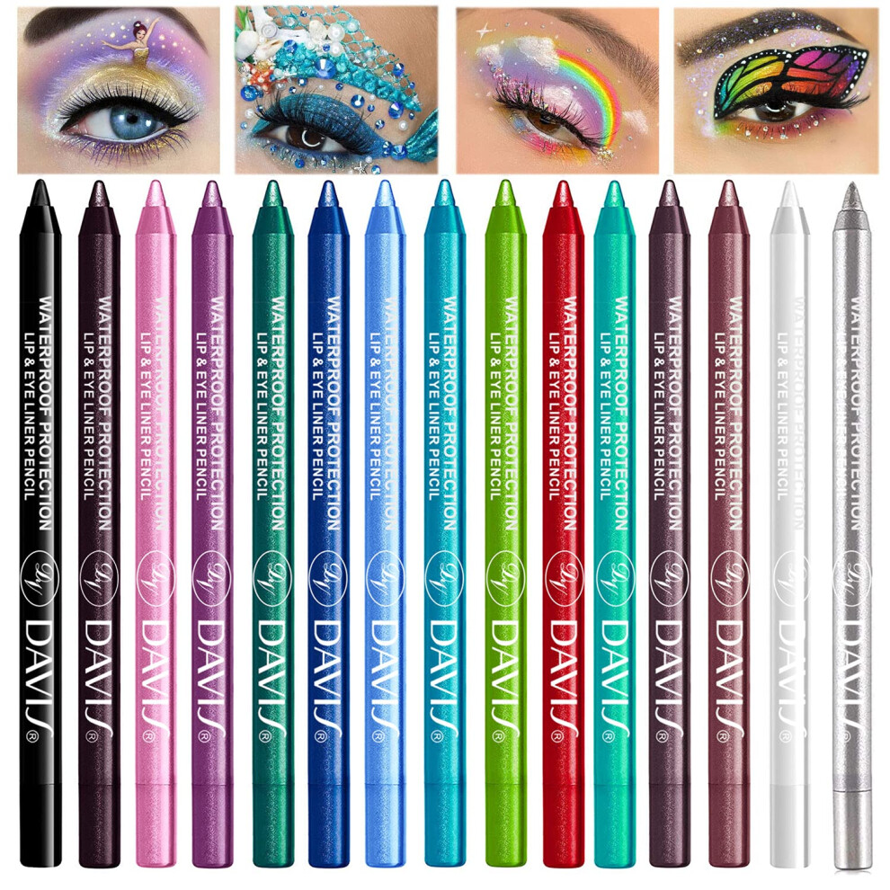 15 Colors Waterproof Eyeliner Pencil Set with Metallic Glitter, Multiuse Eye and Lip Liner