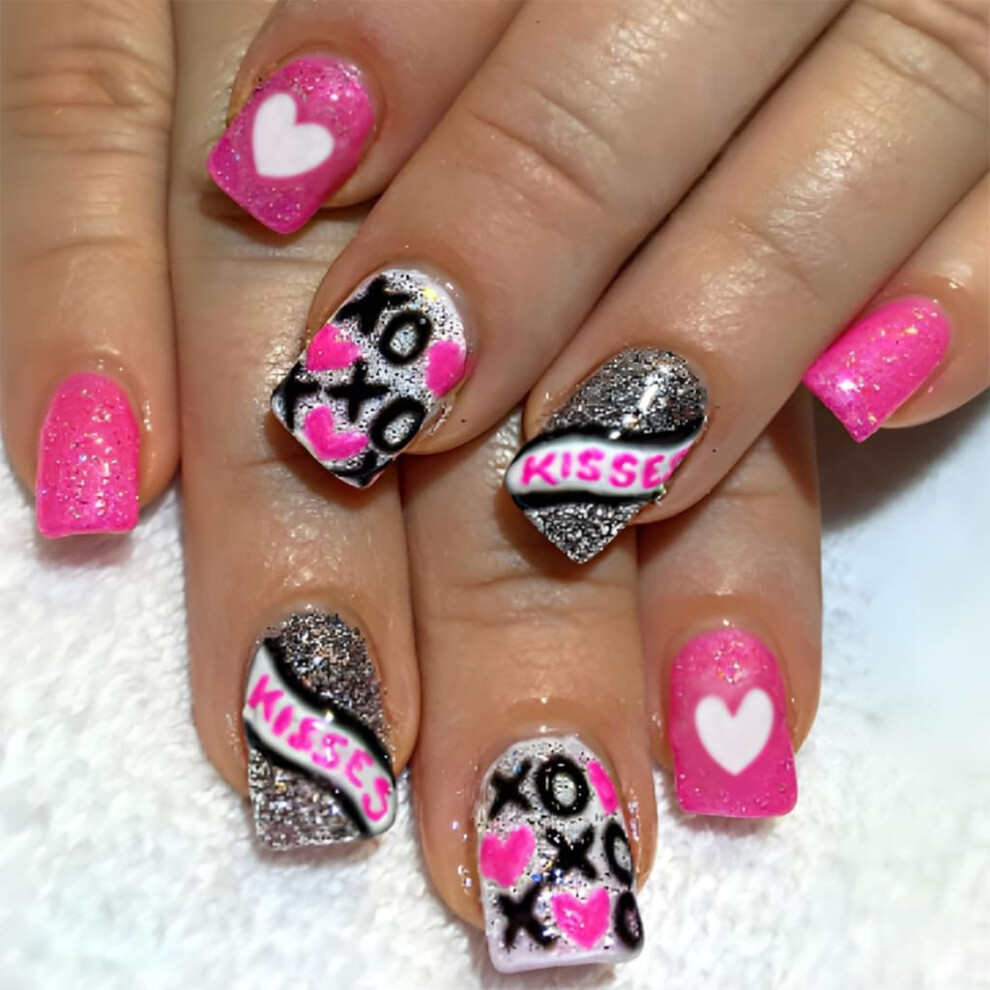 24pcs Short Press On False Nails with Elegant Heart Glitter Design for Valentine's Day