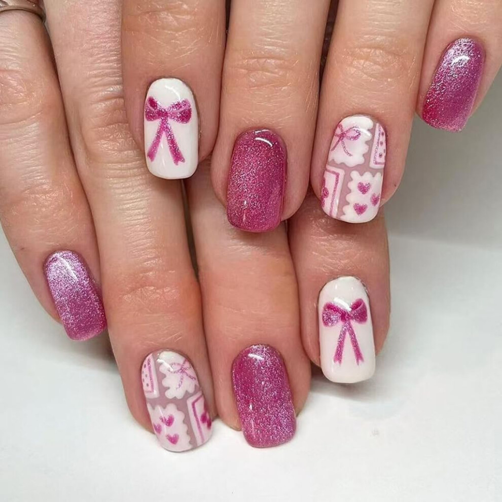 24 Pcs Medium Square Press On Nails with Glitter Hearts and Sweet Bows Full Cover False Nails