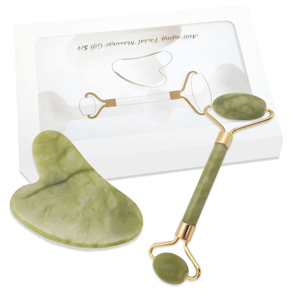 Green Natural Jade Roller And Gua Sha Set For Face And Neck Puffiness Reduction And Contour Smoothing