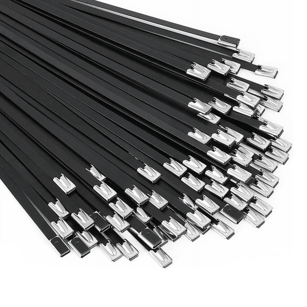 Metal Zip Ties 100Pcs 11.8 Inch 304 Stainless Steel Epoxy Coated Cable Tie For Machinery, Vehicles, Farms, Cables Black 9395123928487