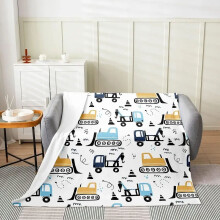 Couverture en flanelle à motifs de voitures, camions, excavatrices, tracteurs, blanche, jaune et bleue, idéale pour la décoration de chambre ou de