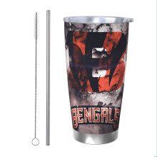 Gobelet isotherme en acier inoxydable de 590 ml (20 oz) aux couleurs de l'équipe de football des Bengals, avec couvercle et paille, compatible avec