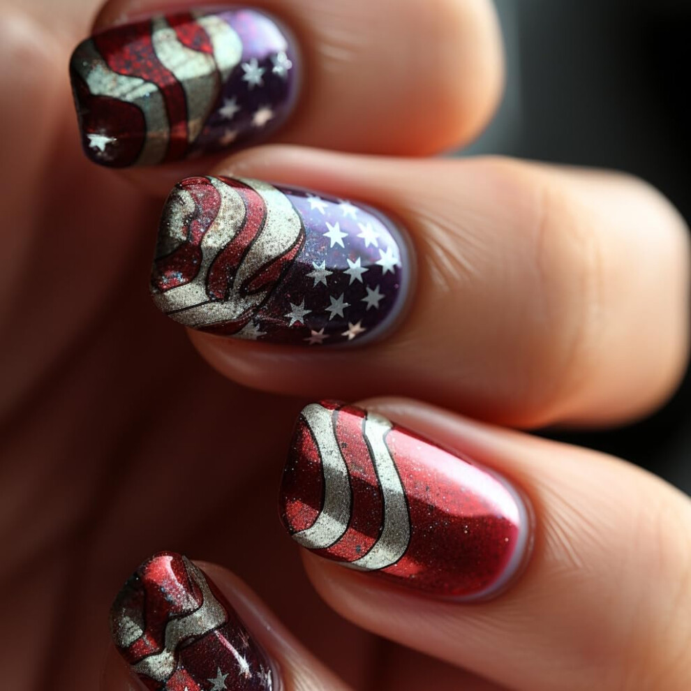Independence Day Press on Nails 24pcs Short Square Patriotic Glitter False Nails with Stars