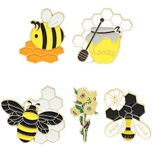 1 caixa com 5 broches de abelha em liga metálica esmaltada, 5 estilos diferentes, broches com flor dourada, broches de abelha em desenho animado