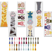 Kit de Marcadores de Livro Bordados com 6 Peças - Patinhas de Gato - Ponto Cruz - Instruções inclusas - Ideal para Adultos e Iniciantes - 20cm x