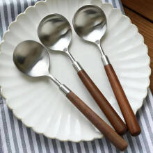 Retro imitation walnut spoon brushed stainless steel round head soup spoon spoon for home use