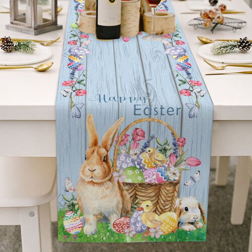 Διακοσμητικό τραπεζιού Happy Easter 13x70in, βαμβακερό λινό λαγουδάκι με ουρά αυγού σε