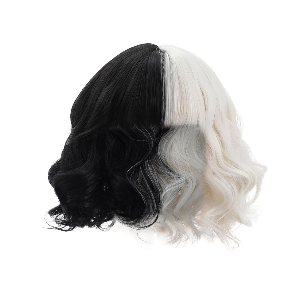 Unisex White,Black Zenmele Wigs Short Curly White Bob Synthetic Black Wigs With Bangs Wavy Wigs Wig