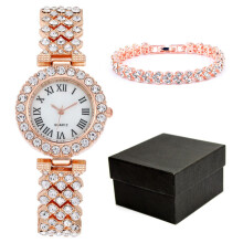 Warkul3-delers klokkesett med armbånd for kvinner, skinnende strass kvartsurverk, justerbar rustfritt stålrem, damesmykker