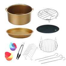 Yakbaofuo Airfryer Accessoires: 8-delige taartmandenset, elektrische frituurpan voor pizzabakken, metalen verzinkbits.