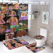 Conjunto de chuveiro Rapunzel de 4 peças com tapetes, tampa para vaso sanitário e tapete de banho, cortina infantil impermeável com desenho